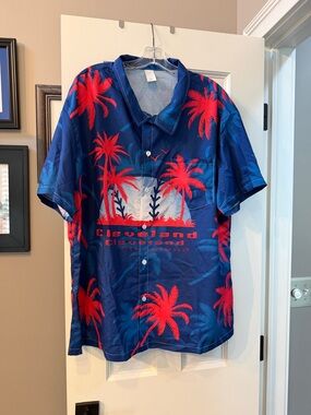Short-Sleeve Palm Print Button-Down Shirt - Blue & Red